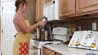 Kitchen Cock: Mature Housewife Aries Stone Fucks Huge Dildo with Big Tits & Fair Skin