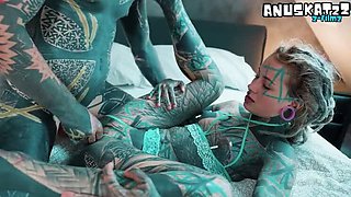 Anal-loving goth chick gets piledriven and covered in cum by tattooed punk with a huge cock