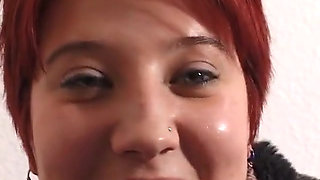 Chubby redhead slut toys her hairy cunt at the casting