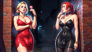 Three futanari with huge cocks seduced a guy in a nightclub and then mercilessly fucked him in a dark alley