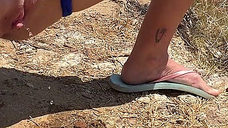 Strong Piss with Beach View! Redhead Girl Pee