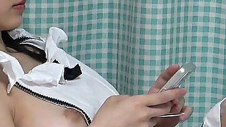 Watch Naked Apron Maid From Under the Desk, Big Tits Japanese Girl Sit on Chair in Mini Skirt Thong Panties and High Stockings