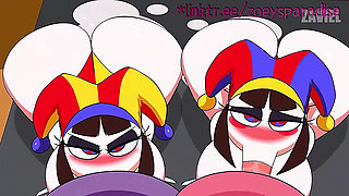 Two mischievous clowns are having fun after the show