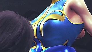 Chun Li Street Fighter 6 - Sexy Cosplay Anime Girl in Blue Latex Costume Gets Her Pussy Licked Through Tight Pants with Orgasm