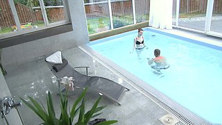 Skinny secretary Sunny Honey gets fucked in the pool by her boss