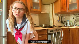 Cosplay in Japanese College Uniform, Girl Masturbates and Cums in the Kitchen