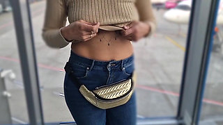 Flashing Her Tits in at the Airport, Showing Her Tits to Everyone
