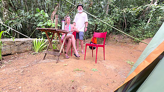 Naughty woman gives a blowjob and rides a stranger at the campsite.