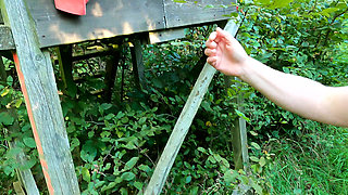 Clamps on Nipples and Whipping Her Tits in the Woods