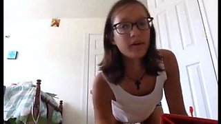 Skinny Brunette with Glasses Strips on Webcam