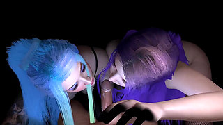 Two girls with brightly colored hair double blowjob : 3D Porn