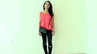 Brunette amateur babe strips off and masturbates