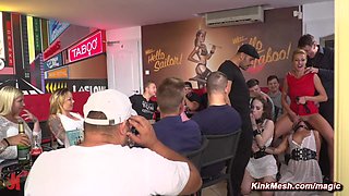 Two lovemaking slaves fornicateed in public