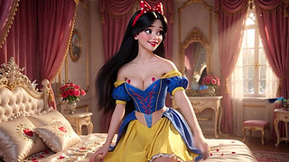 Snow White Passionate Night in Enchanted Castle Bedroom with Classic Dress Partially Open for Intense Pleasure