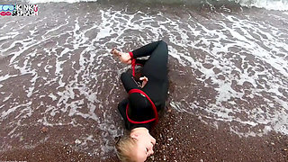 Hogtied in a Wetsuit - Rope Bondage Escape Challenge on the Beach