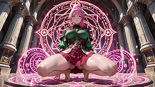 Deep squat teasing under the giant magic array, green battle gear stretched tight.