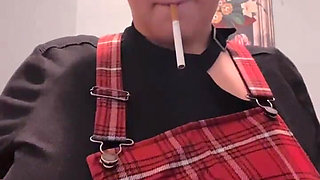 Busty Blue-haired Girl Smoking
