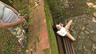 Hot girl was caught masturbating outdoor and get fucked by stranger