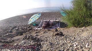 Exhibitionist Wife Outdoor Amateur MILF Blowjob & Handjob Big Cock on Nudity Beach in Front of Follower with Cum