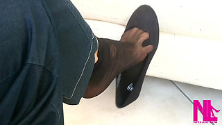 Dangling in Black Flats and Black Nylon Socks