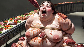 Humiliated BBW Slave Tied and Stuffing Her Belly Deep