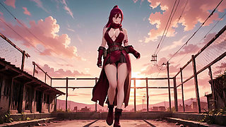 Redhead Warrior in Ruins! Forbidden Encounter in the Industrial Wasteland, her tight combat suit soaked and hazy eyes.