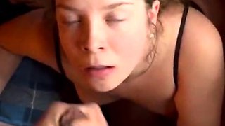 18yo Alina makes her 1st blow job and takes cum