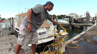 Hot slut jerks off a big cock on her big tits