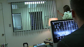 Long haired slut riding a dick on the office desk