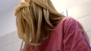 Cute Beautiful and Hot All Natural Big Tits Big Ass Blonde College Slut Masturbates with a Small Massager Using Under Her Skirt