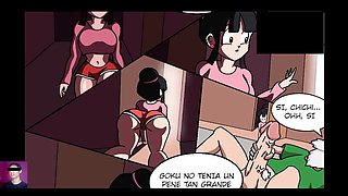 Chi-Chi from Dragon Ball Z rides Roshi's cock while Goku coaches