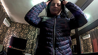 Blue Leather Cameltoe & Downjacket Fetish Sloppy Oral, Spit Play & Cum on Clothes