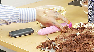 Brunette and redhead sluts with a food fetish fuck on the floor