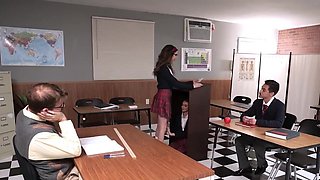 Classroom action with two hot babes and one girthy dick