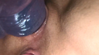 Double Ended Dildo All the Way up Ass While Huge Dildo in Pussy