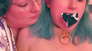 Stepmom Milks Her Tiny Cow - Strapon Doggy, Sock Gag & Footjob on the Dildo